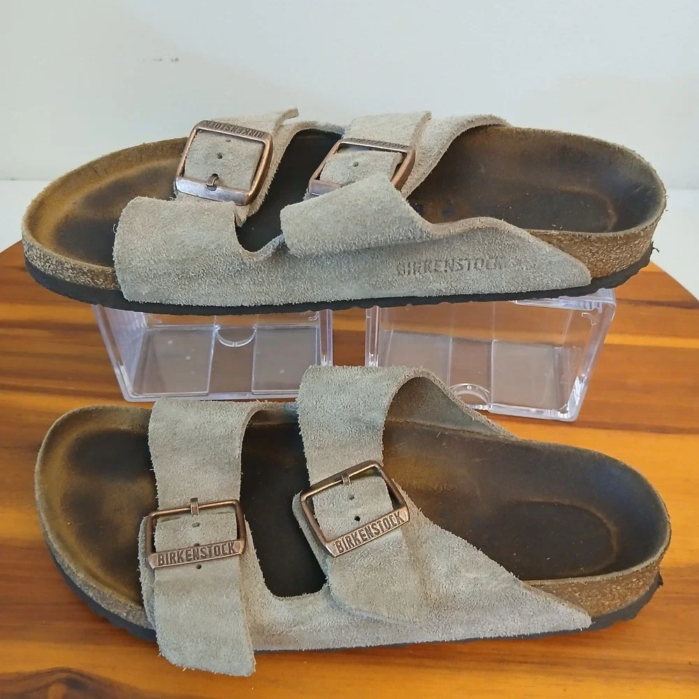 Birkenstock Arizona Mens 37 Taupe Suede Buckle Sandals Slides Cork Footbed